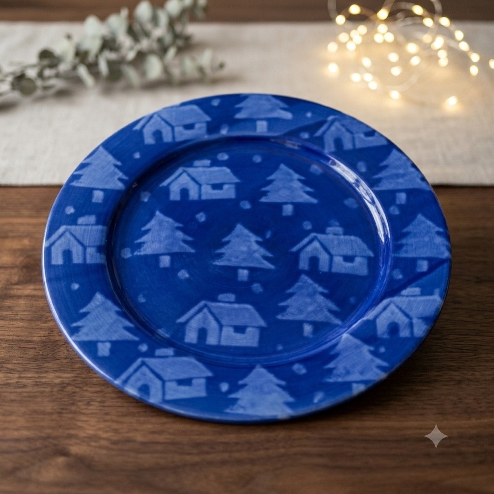 Starbucks Ciao Italia Cobalt Blue Winter Village Charger Plate Made in Italy 12"